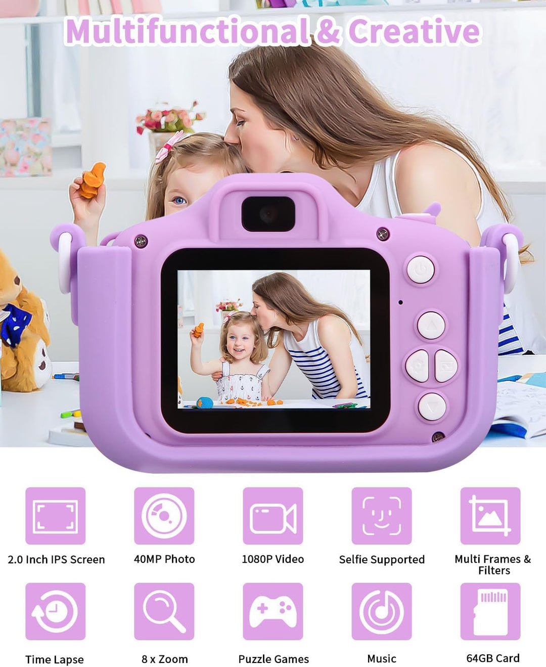 Kinderkamera,Kinder Kamera 1080P Bildschirm Kamera Kinder mit 64GB-Karte Selfie Digitalkamera Fotoap