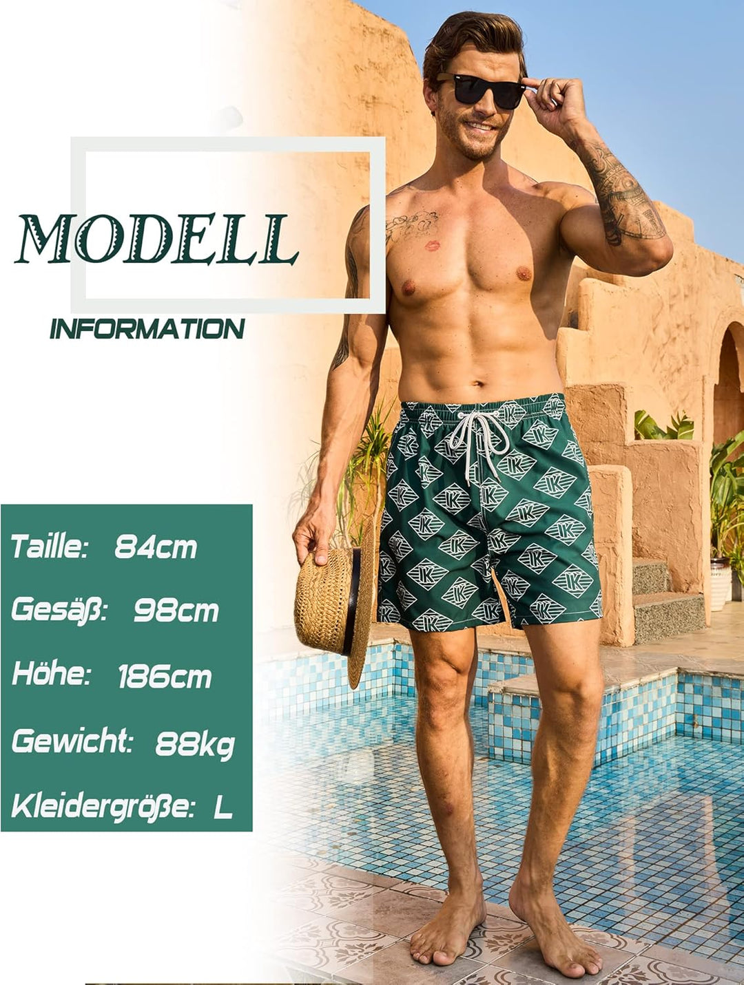 KBVOT Badehose Herren mit Kompression Liner Schnelltrocknend Badeshorts Männer Kurz Boardshorts Schw