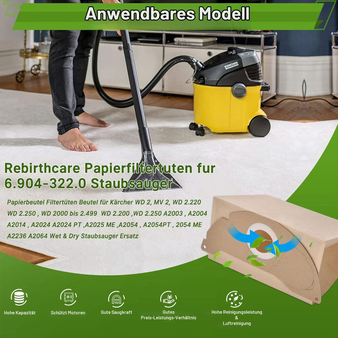 Rebirthcare 15 Stück 6.904-322.0 Staubsaugerbeutel für Kärcher WD2 Beutel Filtertüten WD2 Premium MV