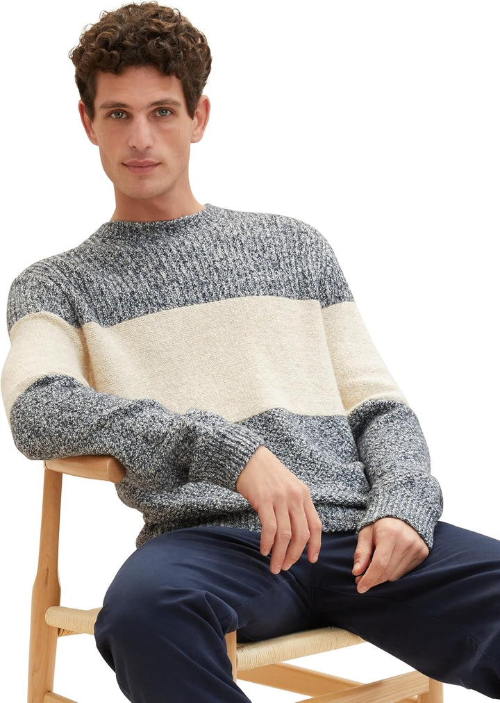 TOM TAILOR Herren Colorblock Strickpullover, 32725 - Beige Navy Multi Structure