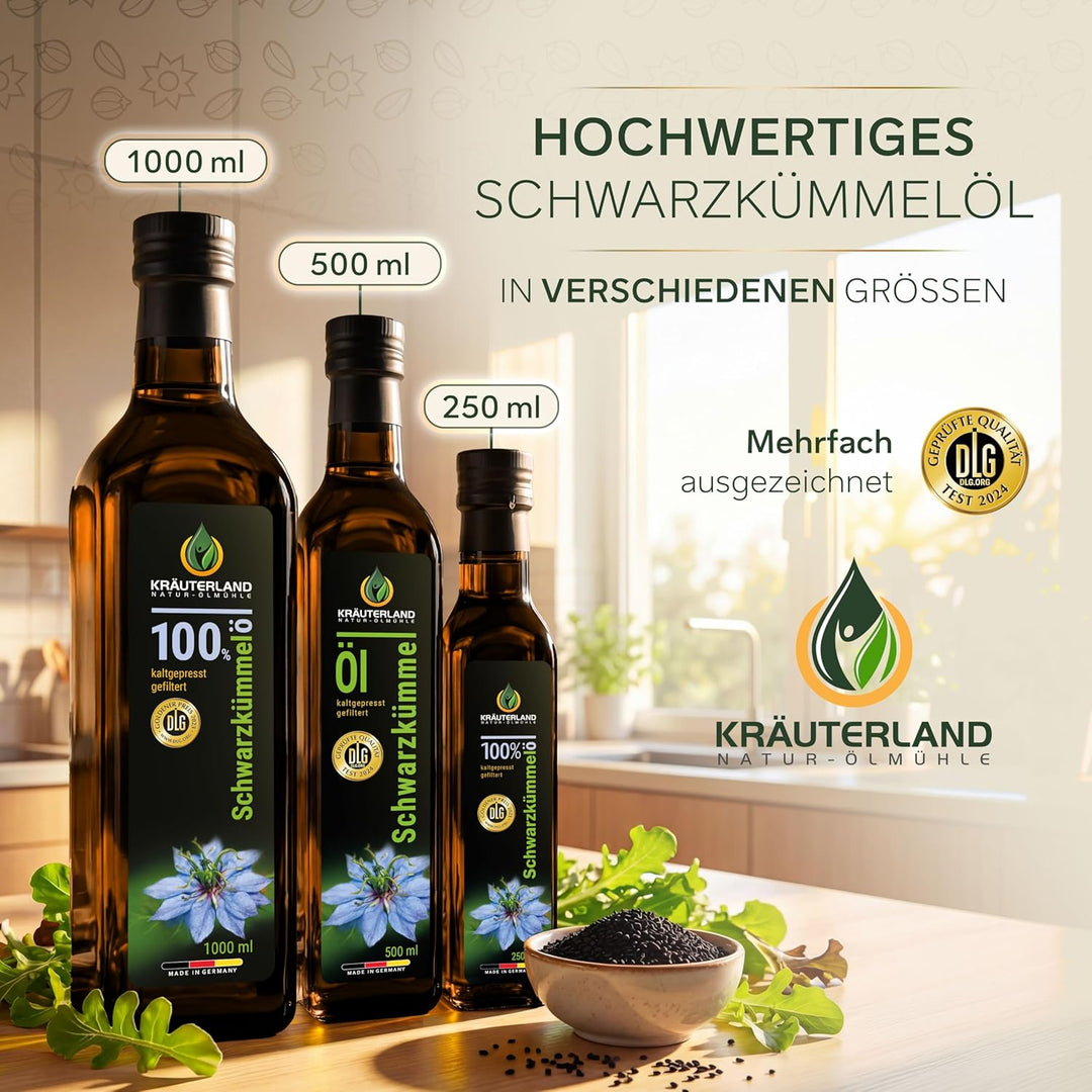Kräuterland Schwarzkümmelöl 500ml, gefiltert, 100% Nigella Sativa, ohne Zusatz von Aromen-, Farb- &