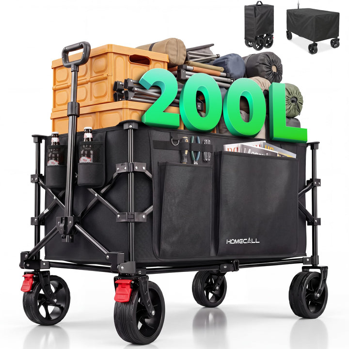 Homecall Bollerwagen Faltbar 200L, Bis 200KG mit Regenschutz, Bremsen | Strandwagen Klappbar mit Ref