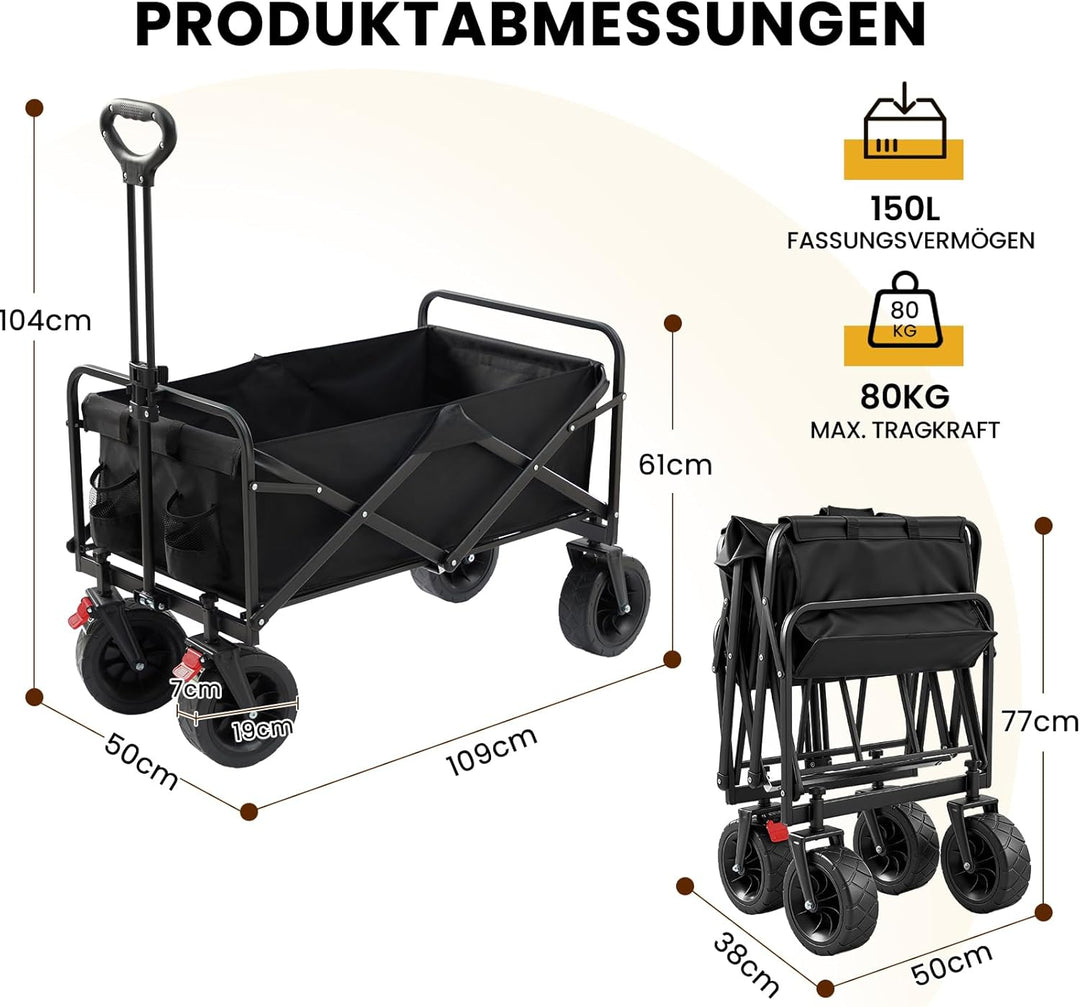 Palawano Bollerwagen Faltbar 150L – Transportwagen mit Rollen, Schwerlast Campingwagen für Festival,