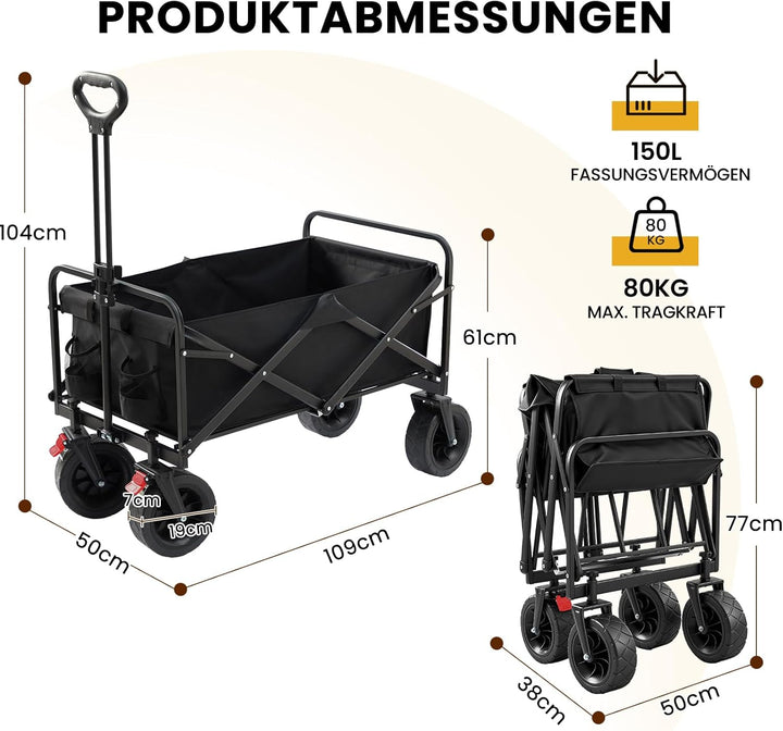 Palawano Bollerwagen Faltbar 150L – Transportwagen mit Rollen, Schwerlast Campingwagen für Festival,