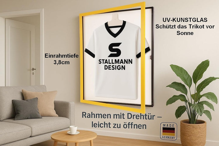 Trikotrahmen mit Drehtür – 'Gelb-Schwarz' - Rückwand Weiss | Grösse: 90x70cm - von vorne bestückbar