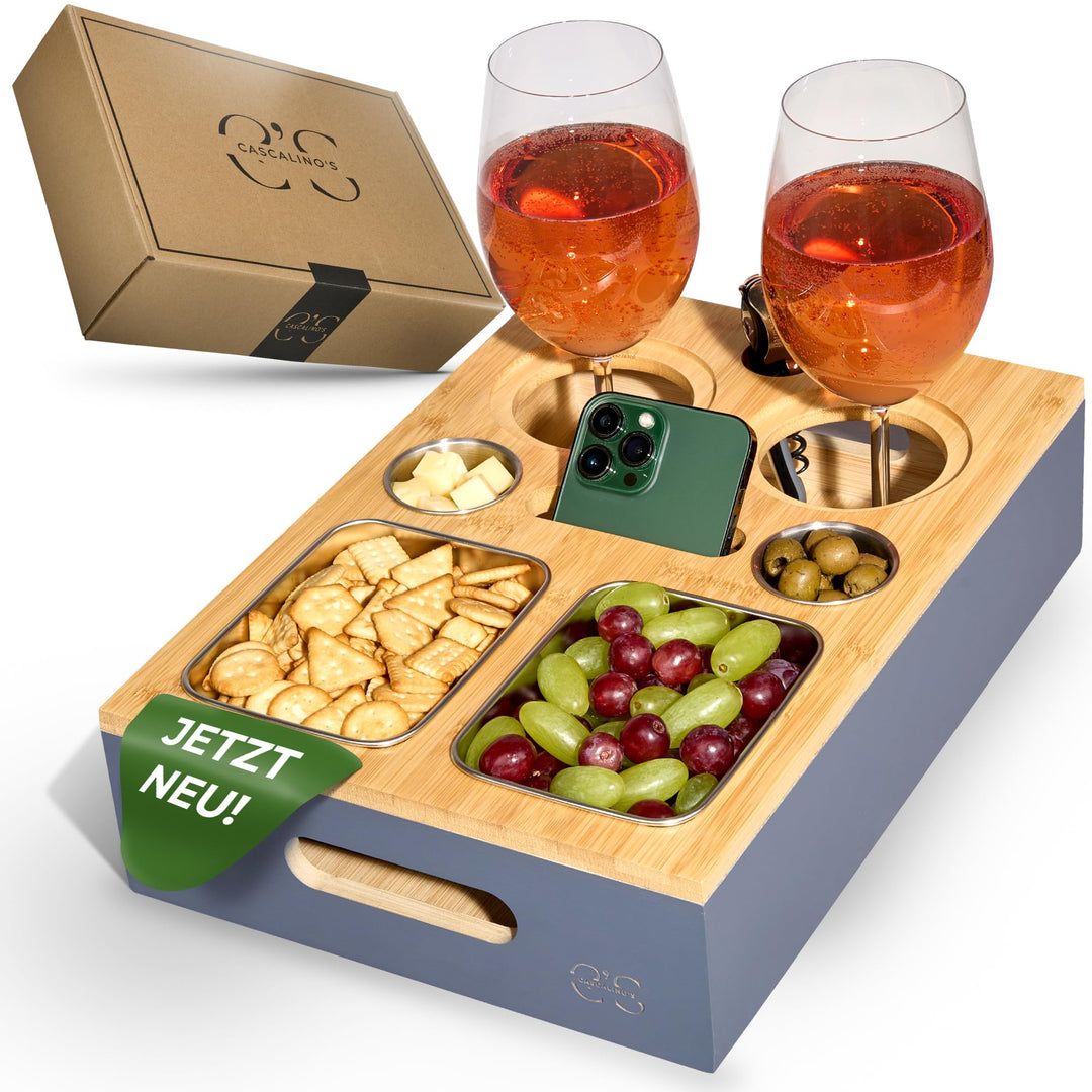 Cascalino's® Couchbar Snackbox mit 2+2 Snackschalen aus Edelstahl - Sofatablett aus Holz | Sofa Orga