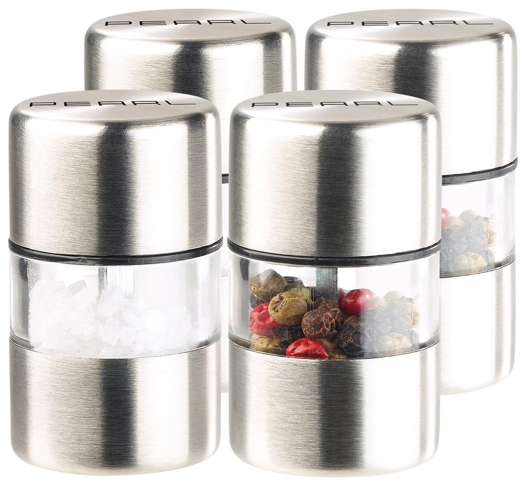 PEARL Camping Pfeffermühle: 4er-Set Mini-Salz-/Pfeffermühle, Edelstahl, Keramikmahlwerk, Ø 3 cm (Sal
