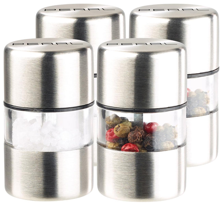 PEARL Camping Pfeffermühle: 4er-Set Mini-Salz-/Pfeffermühle, Edelstahl, Keramikmahlwerk, Ø 3 cm (Sal