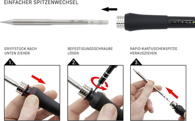 GALLUNOPTIMAL Temperatur geregelter Lötkolben mit OLED-Display und Kartuschenspitze, 1,77m Silikonka