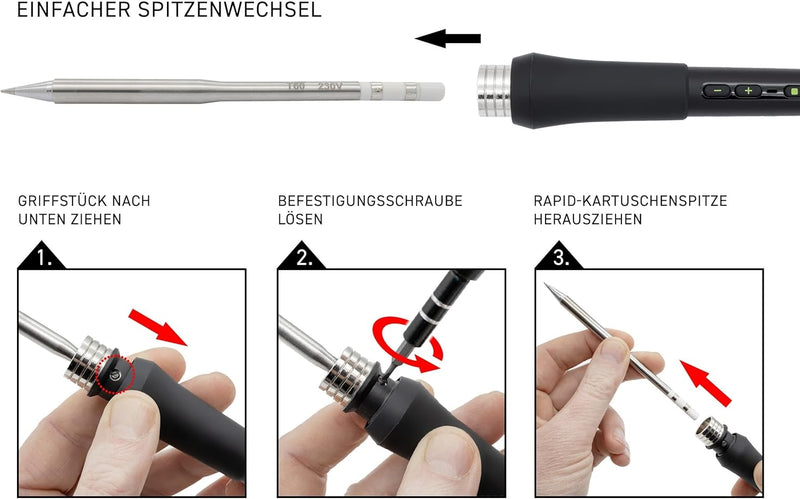 GALLUNOPTIMAL Temperatur geregelter Lötkolben mit OLED-Display und Kartuschenspitze, 1,77m Silikonka