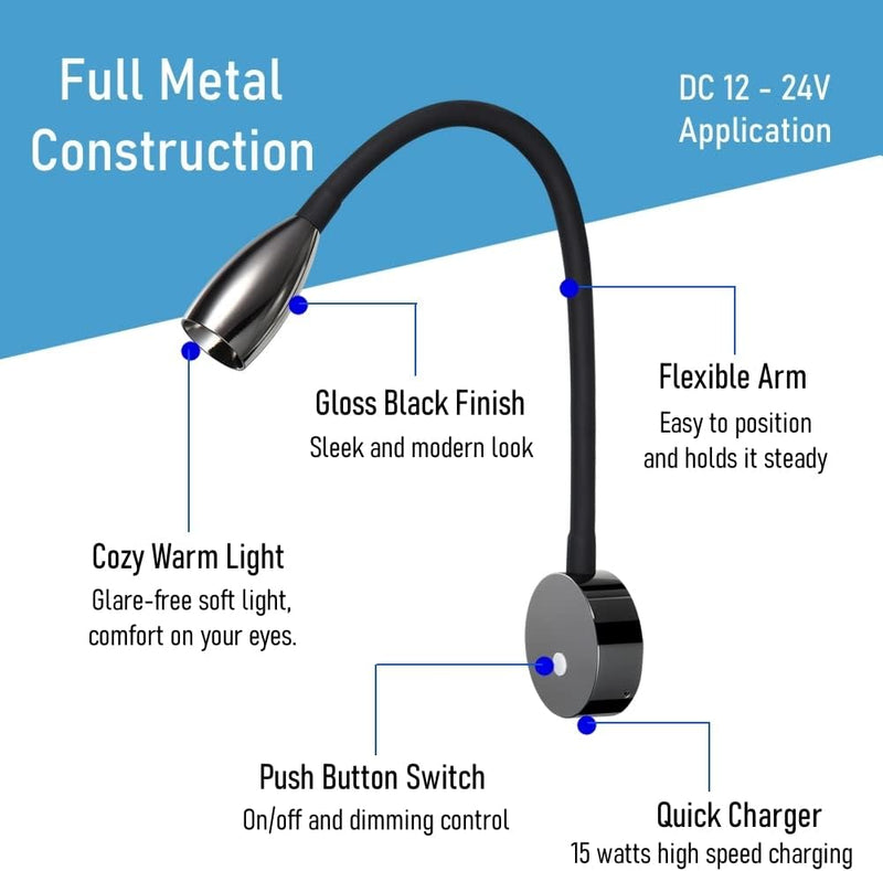 acegoo Leselampe 12V Eingebauter Typ C Schnellladegerät, Wohnmobil LED Dimmbar Leseleuchte Spot Bett