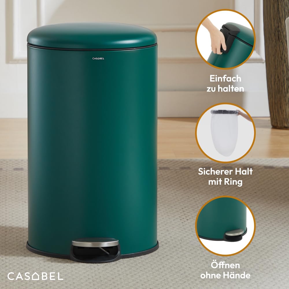 CASABEL Mülleimer Küche 50L, 100% Edelstahl, Resistent gegen Fingerabdrücke, Runder Treteimer mit Fu