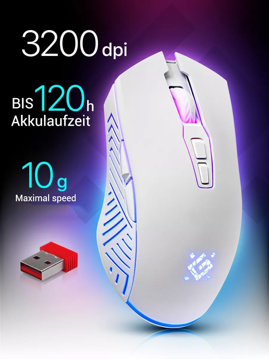 Defender® Pandora Kabellose Gaming Maus - Geräuschlose Klicks - 5 programmierbare Tasten - RGB-Beleu