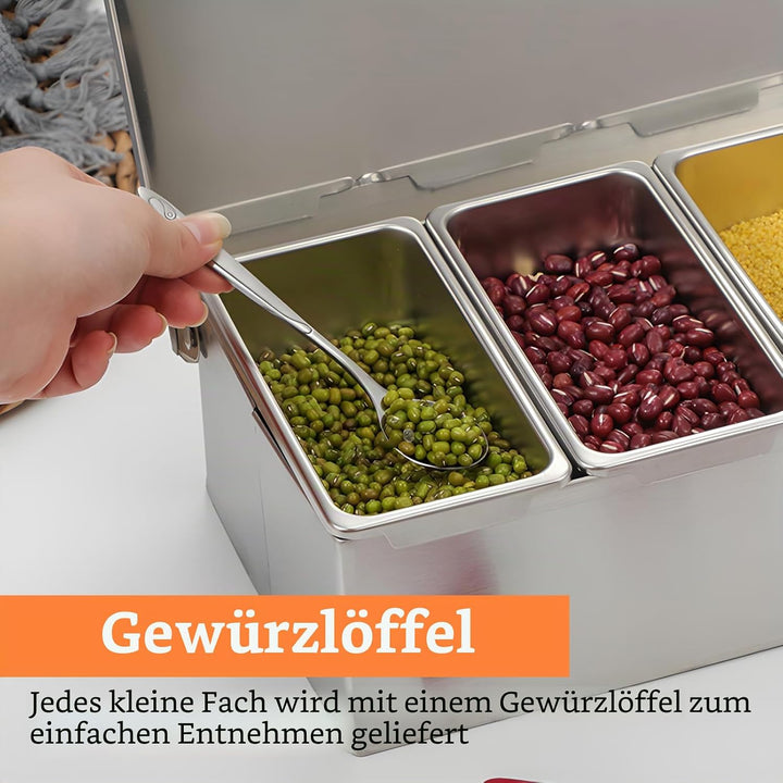 Zutatenbehälter Edelstahl, Pizza Zutatenbehälter, 4 Fächer Mit Deckel Und Löffel Dick Wandig Langleb