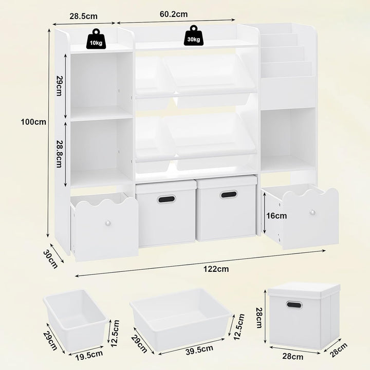 HOMMPA Holz Kinder Bücherregal Kinderregal mit 4 Boxen und Schubladen kommode Kinderzimmer Regal Wei
