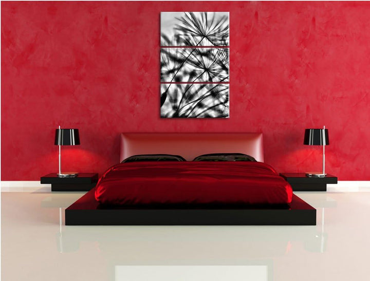 Pixxprint Monocrome, Pusteblumen mit Tautropfen 3-Teiler Leinwandbild 120x80 Bild auf Leinwand