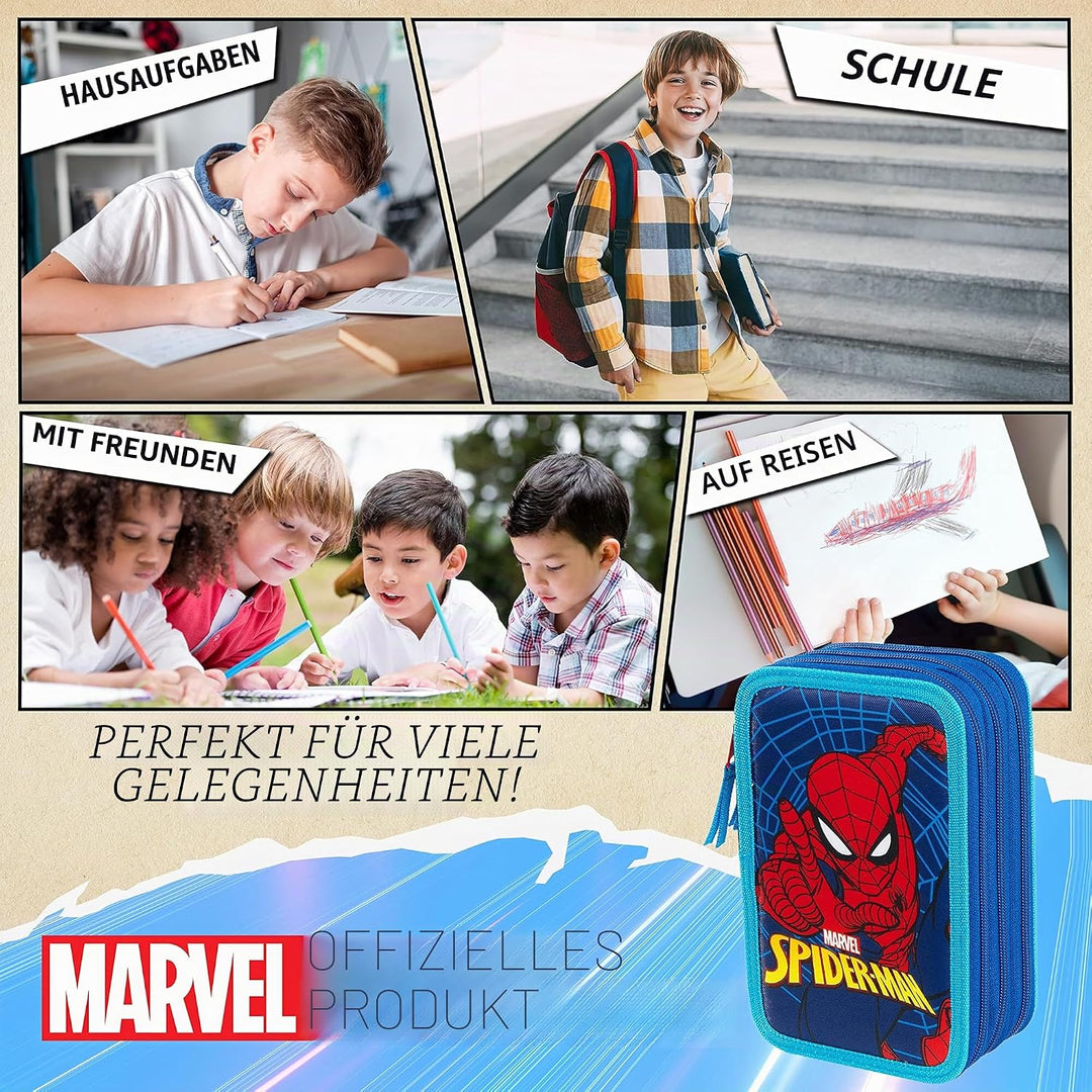 Marvel Federmäppchen für Jungen, Federmäppchen, Fächer, gefüllt, für Schule, Filz, Buntstift, Gesche