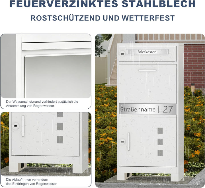 Paketbriefkasten Metall mit Zahlenschloss personalisiert | Paketbox Weiss lasergraviertes Namensschi