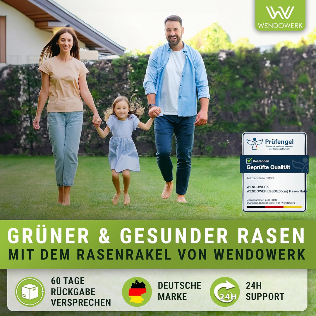 [80x30cm] Rasen Rakel mit extra langem Stiel [2 Meter] Inkl. Gartenhandschuhe - Handlicher Rasen Niv