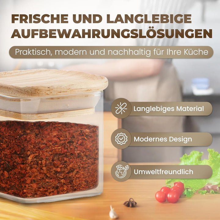 Celeko Home Stapelbare Gewürzgläser Eckig Bambus-Holzdeckel 270ml (Set 12 Stück) Gewürzbehälter Gewü