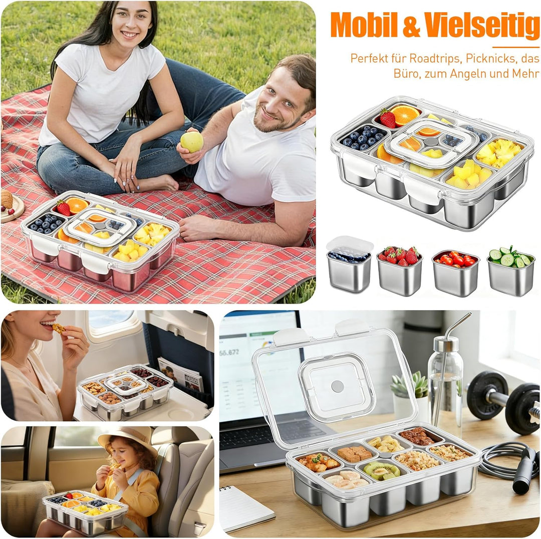 Snackbox mit 8 Edelstahl Fächern Tragbar Snack Aufbewahrungsbox mit Deckel und Griff, Auslaufsichere