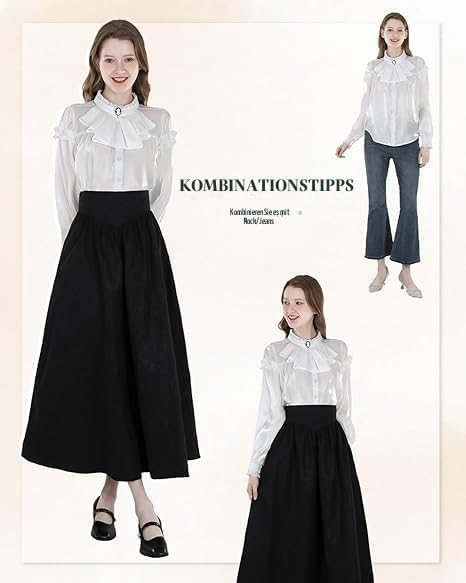 Damen Viktorianisch Bluse Vintage Schleifenhemd Stehkragen mit Ruff Langarmshirt Mittelalter Bluse L