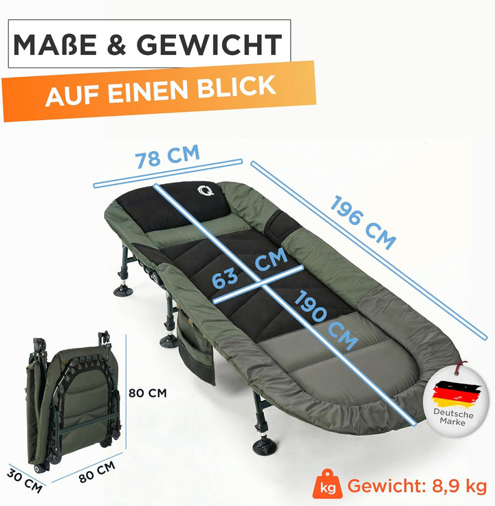 Q-Tac Karpfenliege [Stabil, Bequem & Leicht zu Reinigen] - Angelliege mit extragrossen Schlammfüssen