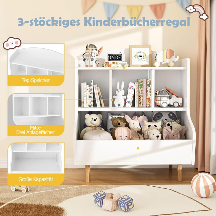 Kinder Bücherregal &amp; Spielzeugregal – Freistehendes Kinderregal aus Holz mit 4 Fächern, Spielzeugauf