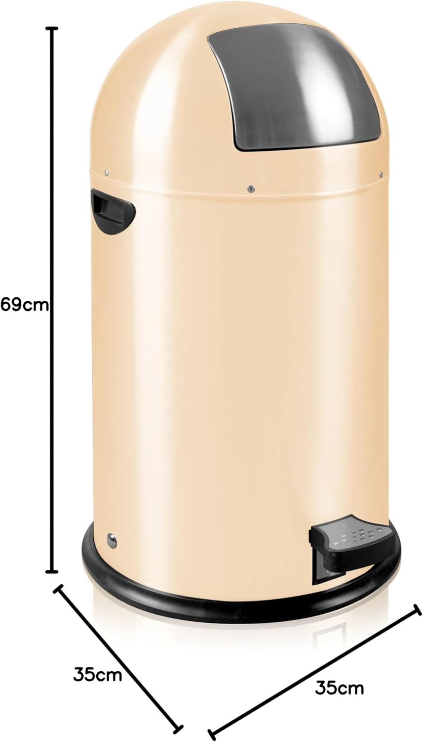 EKO Kickcan Runder Tritt-Mülleimer aus Metall, Verzinkter Inneneimer, 33 Liter, crème Schwarz, Schwa