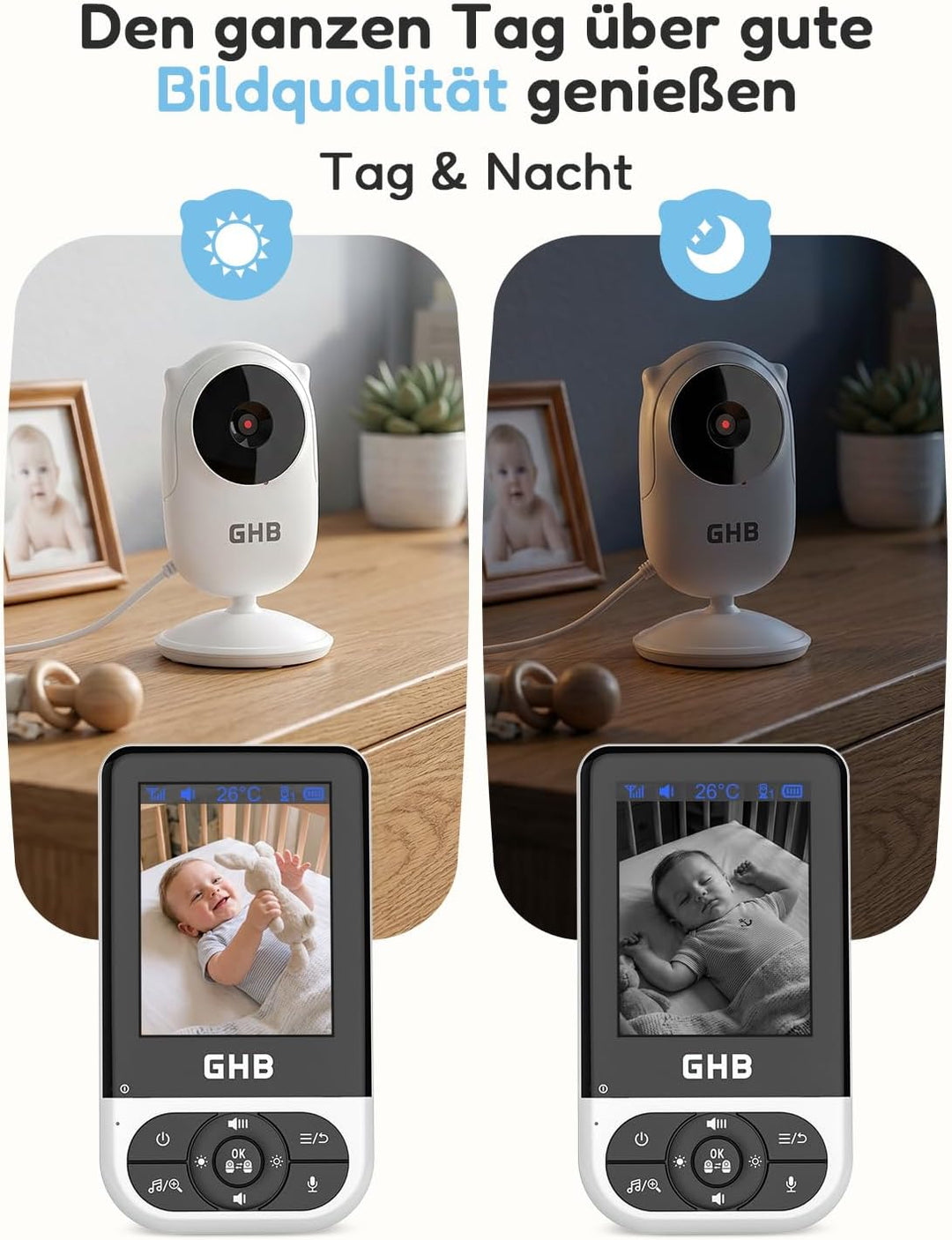 GHB Babyphone mit Kamera Baby Monitor 2,8 Zoll Schwarz | VOX-Modus Max. 35 Std, Infrarot-Nachtsicht,