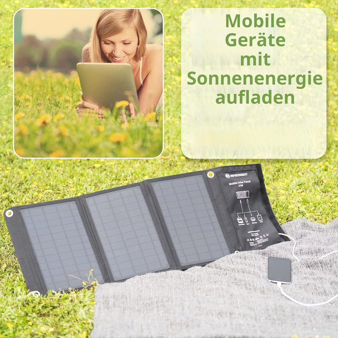 Bresser Solar Ladegerät 21W mit USB-A- und DC-Anschluss inkl. Adaptern, Solar-Panel als Ladegerät fü