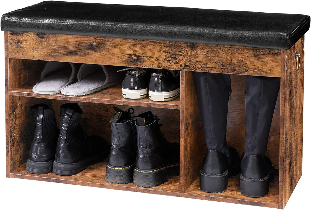 HOOBRO Schuhbank, Sitzbank, 3 offene Fächer, 82 x 31,5 x 46,5 cm, gepolstert, Stauraum unter der Sit