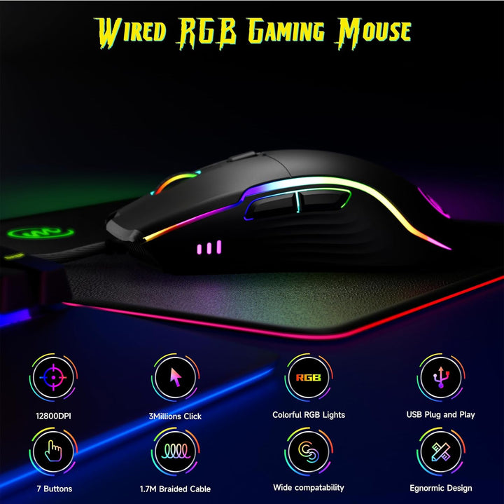 memzuoix Gaming Maus mit Kabel und LED-Lichtern – 12.800 DPI einstellbar, 6 Tasten, 12 RGB-Modi, Erg