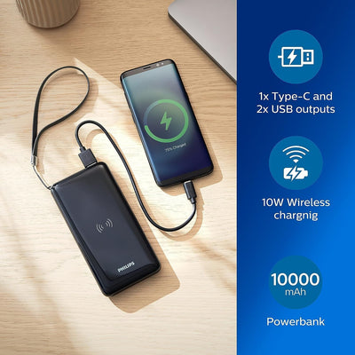 Philips DLP1011Q/00 - Power Bank mit kabelloser Qi-Ladefuntion - 1X Typ-C und 2X USB-A Ausgänge - LE