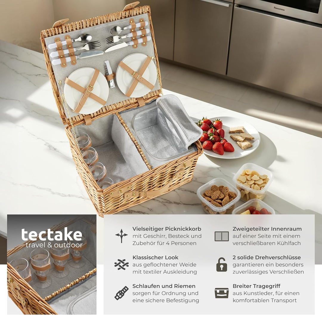 tectake® Picknickkorb 4 Personen, inkl. Kühlfach, befüllter Picnic Basket Weidenkorb für Ausflug, Ca