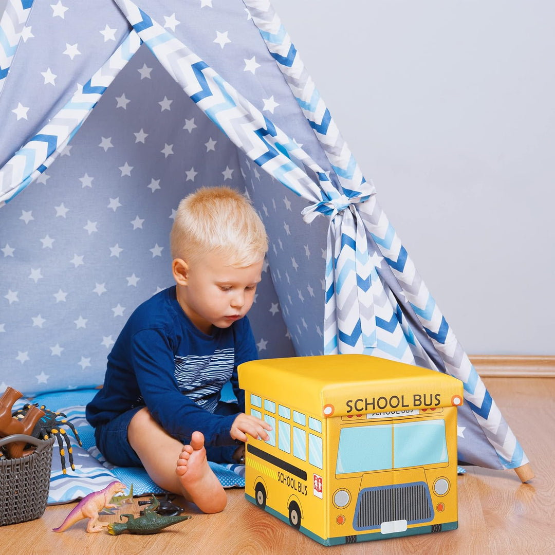 Relaxdays Faltbare Spielzeugkiste Schulbus HBT 32 x 48 x 32 cm stabiler Kinder Sitzhocker als Spielz