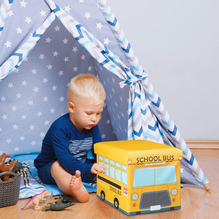 Relaxdays Faltbare Spielzeugkiste Schulbus HBT 32 x 48 x 32 cm stabiler Kinder Sitzhocker als Spielz