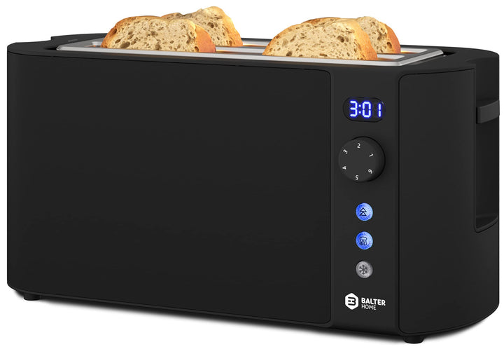 Balter Toaster 4 Scheiben, Langschlitz, Edelstahl, Brötchenaufsatz, LCD Display mit Restzeitanzeige,