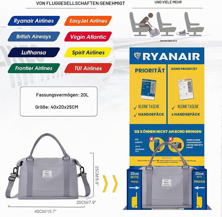 SEAFEW Reisetasche Klein, 40x20x25 Ryanair Handgepäck Tasche für Flugzeug Weekender Sporttasche Dame