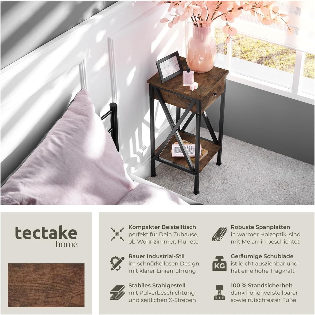tectake Beistelltisch mit Schublade und Ablageflächen, Nachttisch Boxspringbett, Industrie-Design, 3