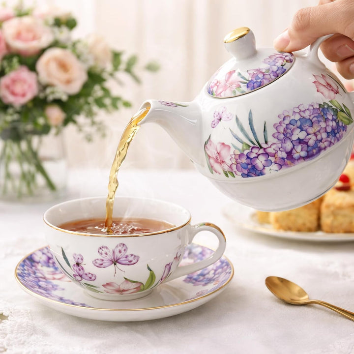 Porcelain Tea for One Set Beautiful Flower Ceramic Teapot with Cup Gifted Box (Hydrangea), Hydrangea