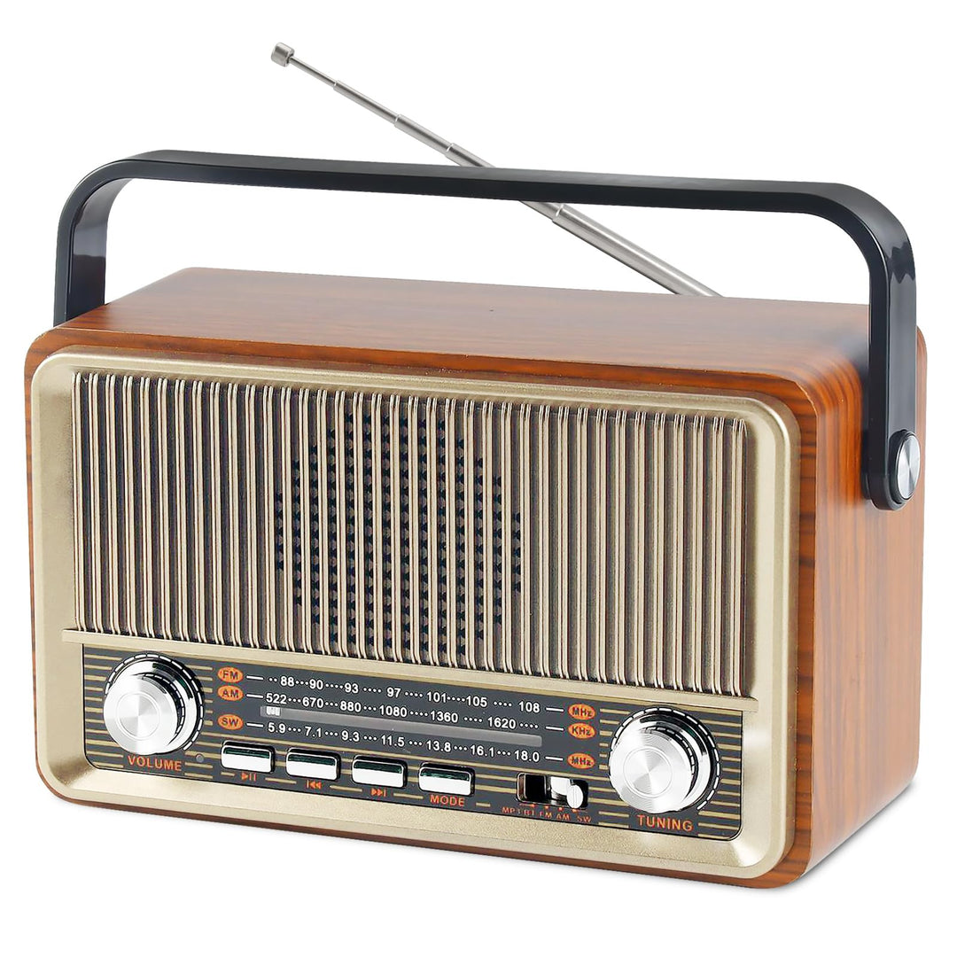 Retro Radio mit Bluetooth, Nostalgie Kofferradio Klein mit AM/FM/SW3, USB/TF/AUX, Wiederaufladbar, K