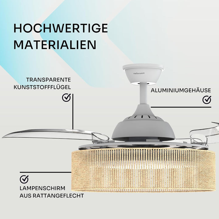Mellerware - Deckenventilator mit Licht und Lampe Brizy Bright Rattan Sand | 3 Flügel | 106 cm Durch