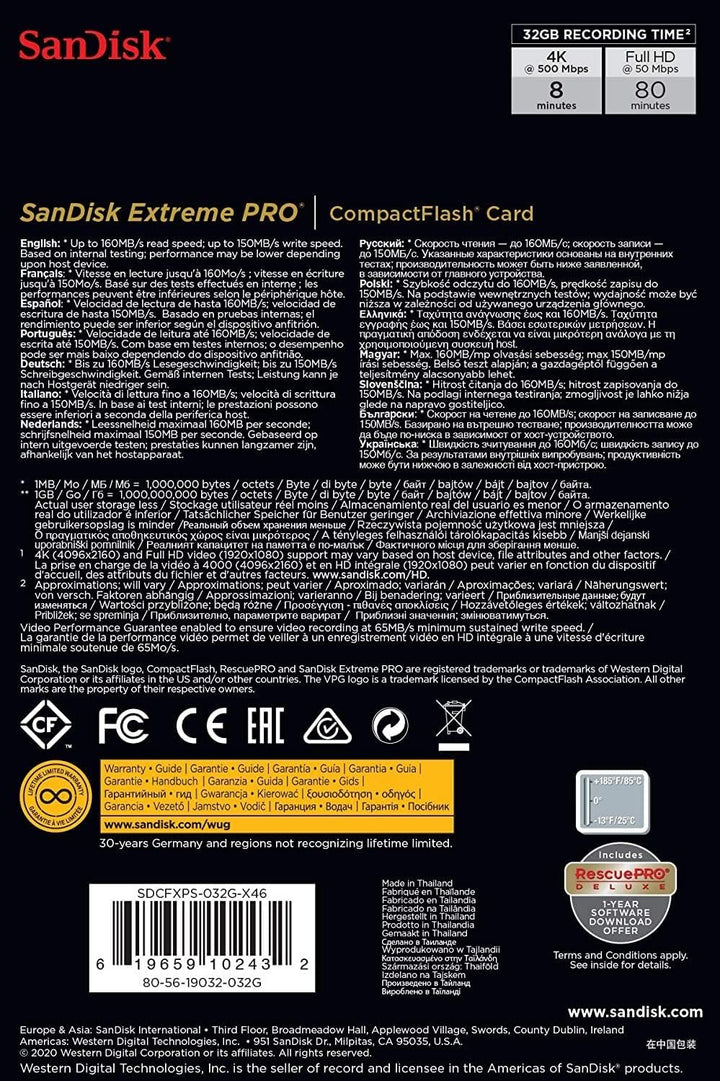 SanDisk Extreme Pro CompactFlash Speicherkarte 32GB (UDMA7, 4K-UHD- und Full-HD-Videos, VPG 65, temp