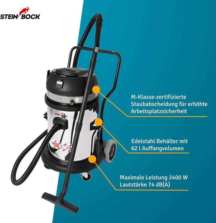 Steinbock Industriesauger trocken| 2.400 Watt | 62 l Fassungsvermögen | für zertifizierte Absaugung