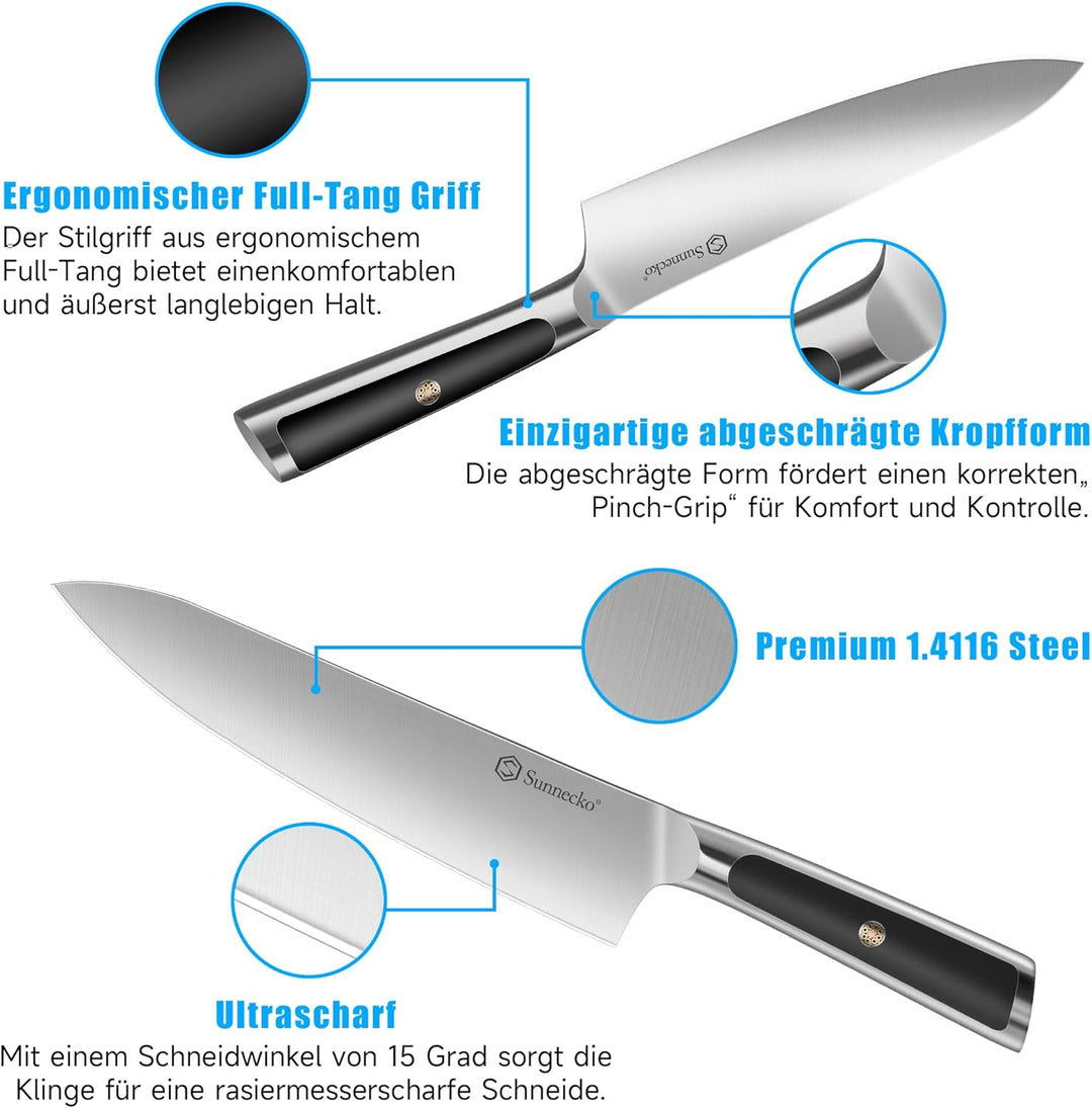 Sunnecko Messerblock set 8 teilig - Küchenmesserset mit hohem Kohlenstoffgehalt Edelstahl, Block Mes