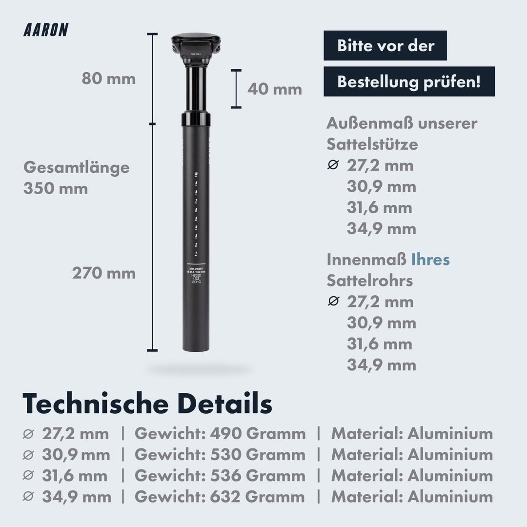 AARON Spring Federsattelstütze mit 27,2, 30,9 oder 31,6 mm Durchmesser - Gefederte Aluminium Sattels