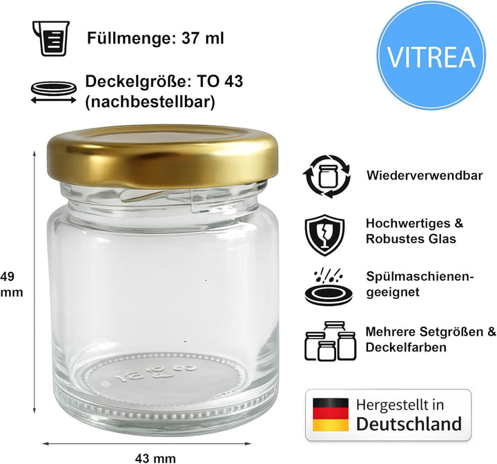 Vitrea 100x Mini Marmeladengläser 37 ml - mit Deckel Gold TO 43 - kleine Einmachgläser zum befüllen