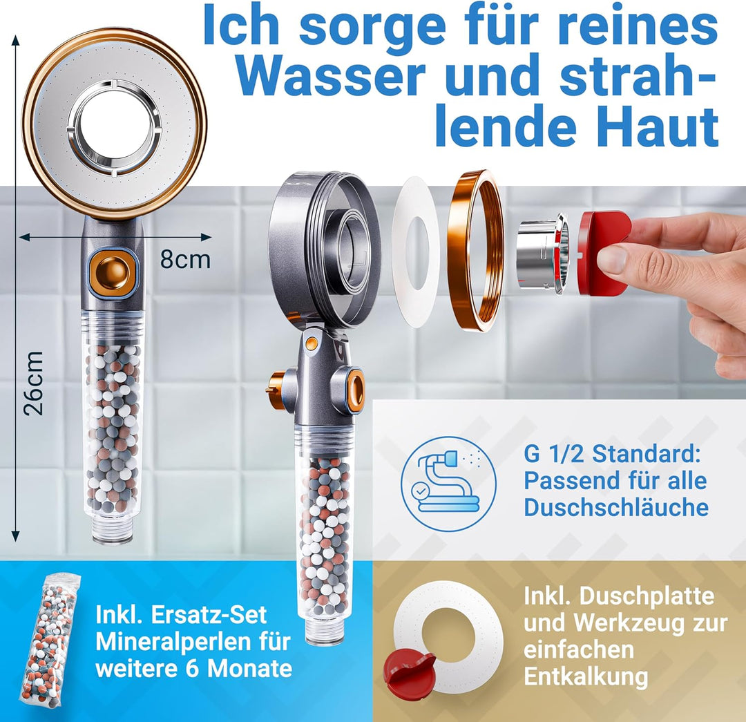 LOBENSWERK Duschkopf mit Filter [3 Modi - inkl. Booster] Duschkopf wassersparend mit Mineralperlen |