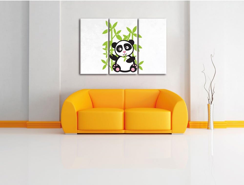 Pixxprint Süsser Panda mit Bambus / 3-Teilig/Gesamtmass 120cm Leinwandbild bespannt auf Holzrahmen/W